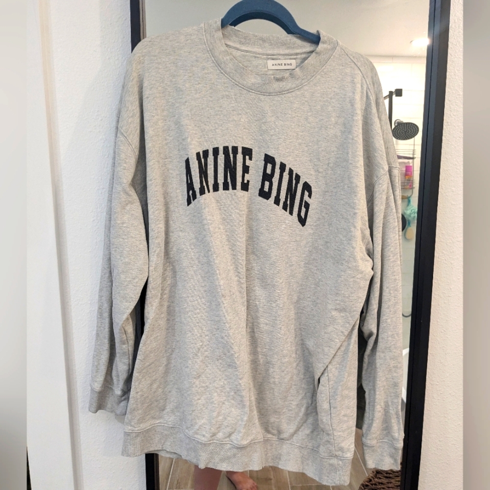 Anine Bing Gray Crewneck Sweatshirt with Black Logo